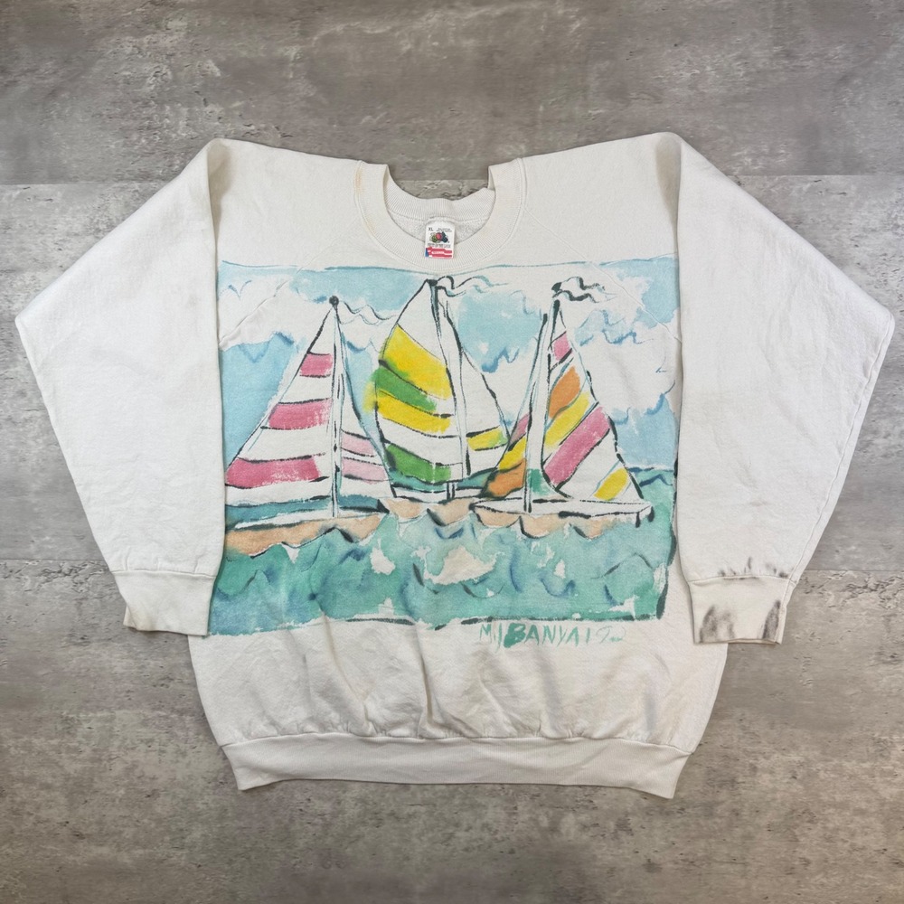 Vintage 1992 MJ Banya Sailboat Sweatshirt Fruit of the Loom White XL Made in USA